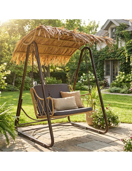 Balancelle de jardin toit tropical acier rotin 112x105x160 cm Soreva