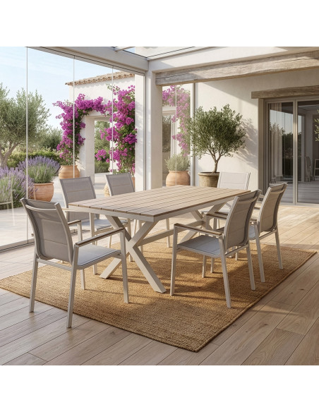 Ensemble repas jardin 6 places aluminium polywood Calyra