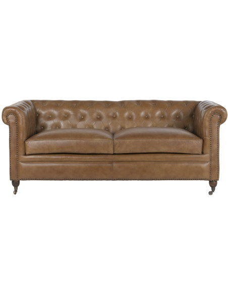 Canapé Chesterfield cuir véritable camel 3 places 190x77x80 cm Alcandre