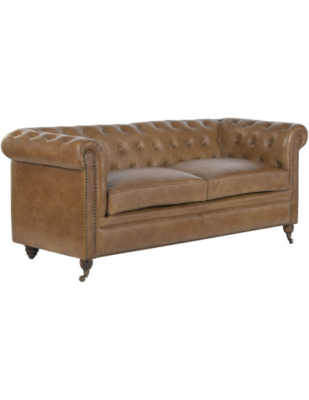 Canapé Chesterfield cuir véritable camel 3 places 190x77x80 cm Alcandre