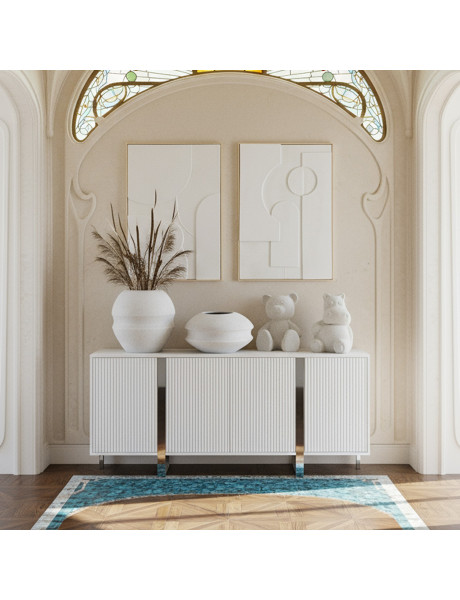 Buffet blanc en bois cannelé 4 portes 180 cm Nolven  - 2