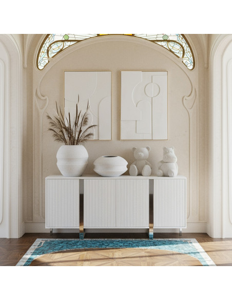 Buffet blanc en bois cannelé 4 portes 180 cm Nolven