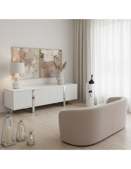 Meuble TV blanc cannelé 4 portes 180 cm Nolven