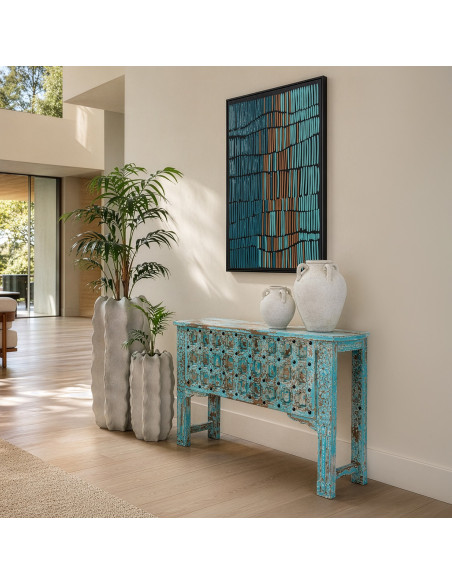 Console d’entrée en bois de manguier bleu patiné Vaelora