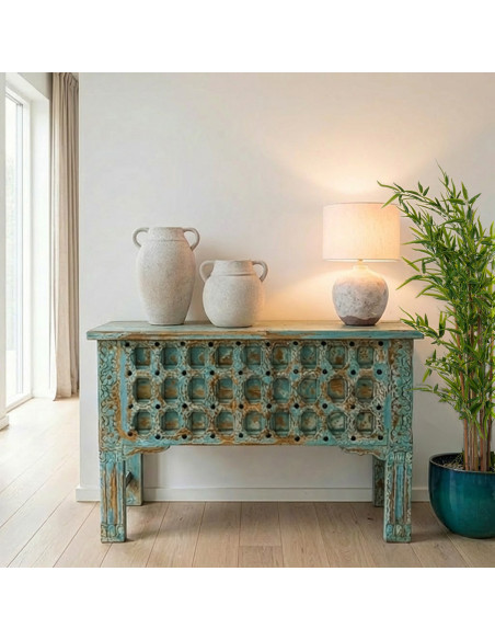 Console d’entrée en bois de manguier bleu patiné Vaelora