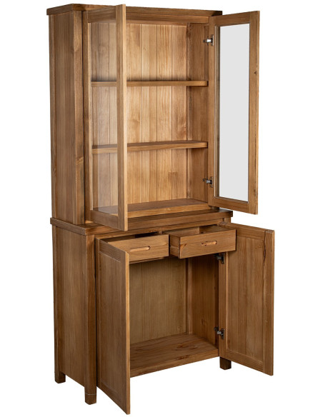 Vaisselier vitrine en pin naturel 4 portes 2 tiroirs Solenya