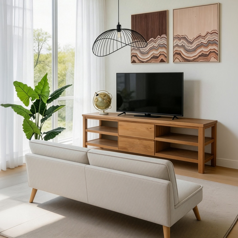 Meuble TV en pin naturel 2 tiroirs...