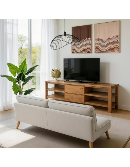 Meuble TV en pin naturel 2 tiroirs 150 cm Solenya