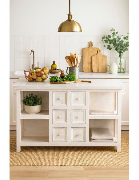 Îlot central cuisine blanc bois et marbre 168x76x92 cm Théora