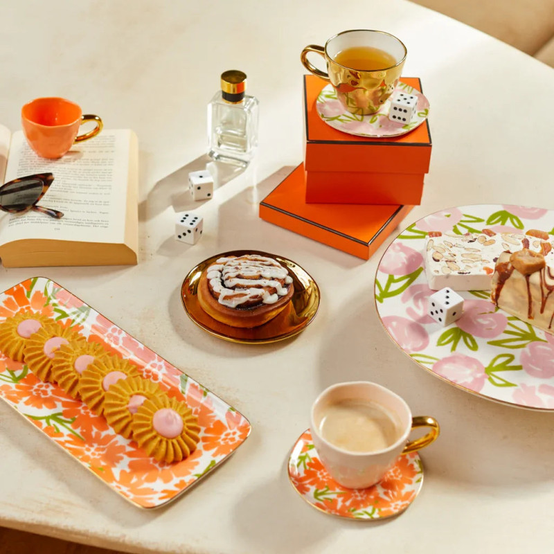 Plat à cake floral en grès orange...