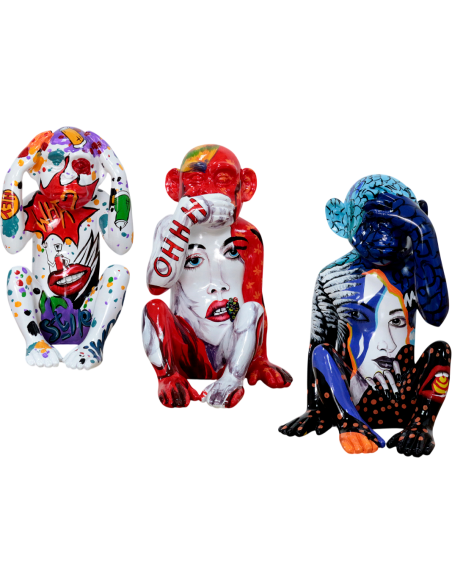 Set de 3 statues singes de la sagesse graffiti Monos Sabios