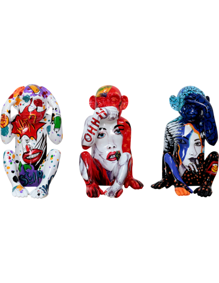 Set de 3 statues singes de la sagesse graffiti Monos Sabios