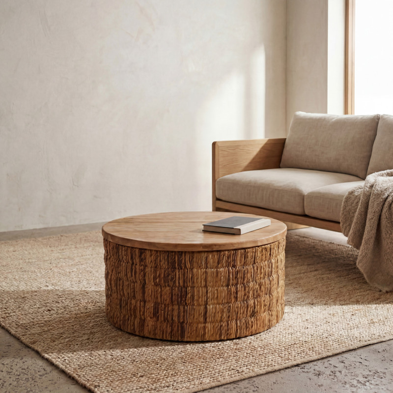 Table basse ronde en abaca tressé et...