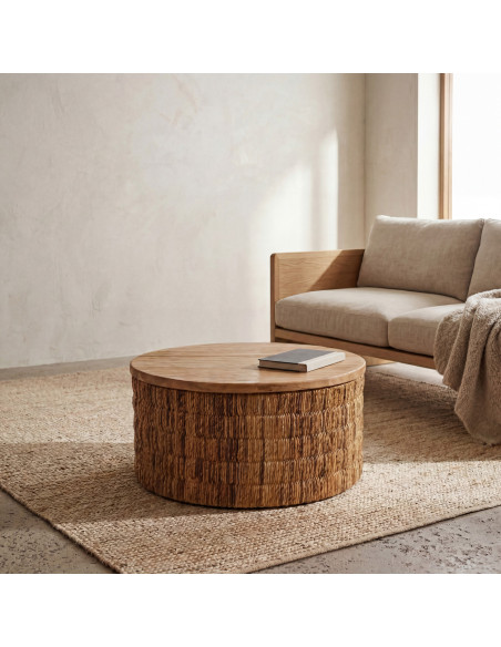 Table basse ronde en abaca tressé et teck naturel 80 cm The Magani