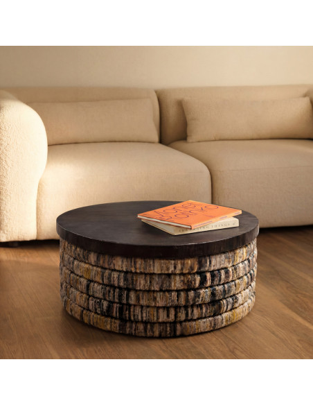 Table basse ronde noire en teck et feuille de bananier tressée 80x80x38 cm The Magani