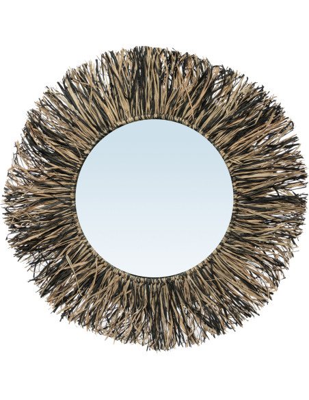 Miroir rond en raphia à franges naturel et noir 55 cm The Raffia Fringe