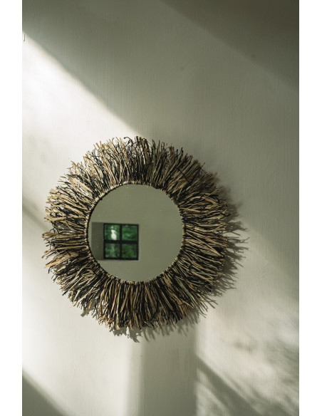 Miroir rond en raphia à franges naturel et noir 55 cm The Raffia Fringe
