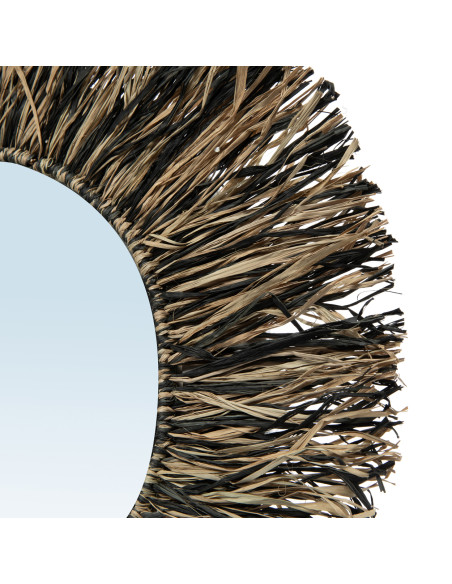 Miroir rond en raphia à franges naturel et noir 55 cm The Raffia Fringe