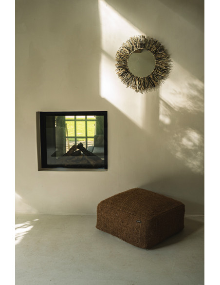 Miroir rond en raphia à franges naturel et noir 55 cm The Raffia Fringe