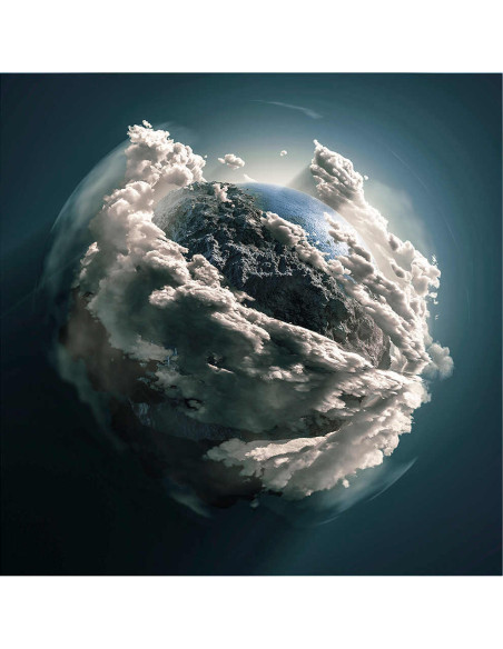 Tableau sur verre trempé bleu pétrole planète nuages 100x100 cm Madre Tierra