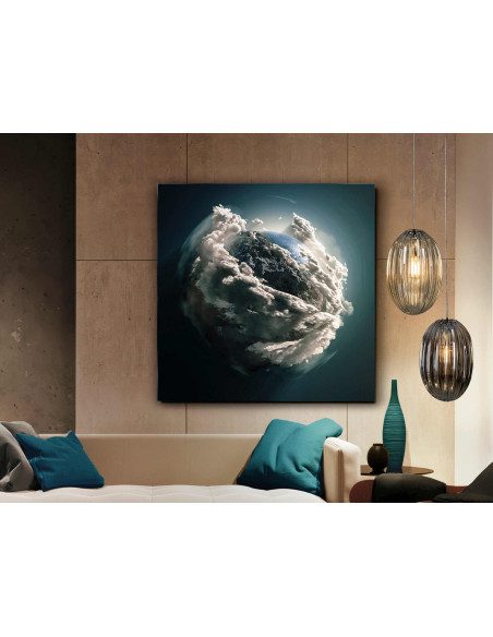 Tableau sur verre trempé bleu pétrole planète nuages 100x100 cm Madre Tierra