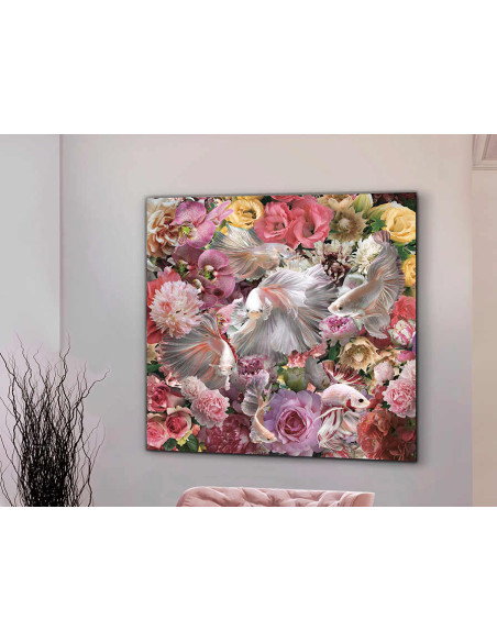 Tableau verre trempé poissons combattants et fleurs 120x120 cm Peces Luchador Siam