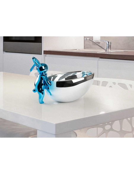 Vide-poche lapin bleu et argent en résine 29 cm Cuenco Rabbit