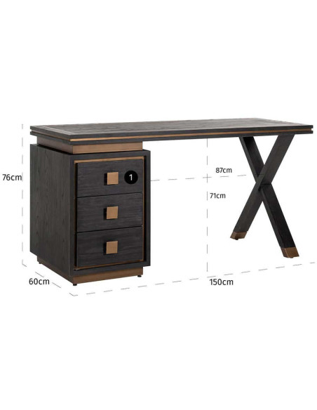 Bureau noir chêne 3 tiroirs métal doré 150x60 cm Hunter