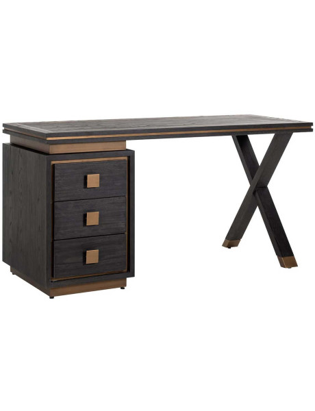 Bureau noir chêne 3 tiroirs métal doré 150x60 cm Hunter