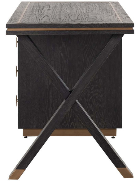 Bureau noir chêne 3 tiroirs métal doré 150x60 cm Hunter