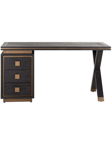 Bureau noir chêne 3 tiroirs métal doré 150x60 cm Hunter