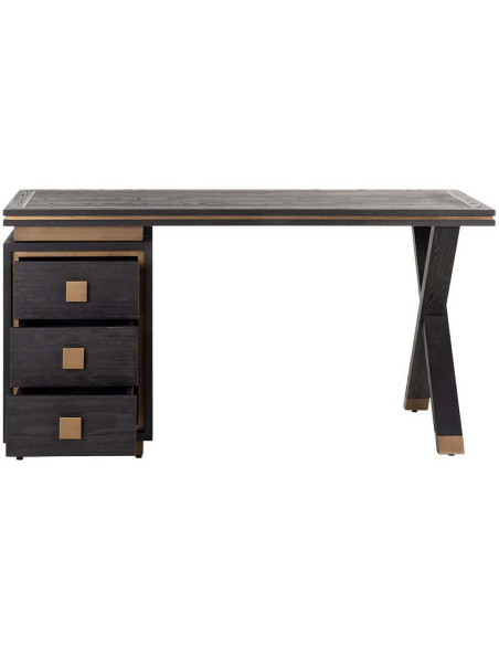 Bureau noir chêne 3 tiroirs métal doré 150x60 cm Hunter