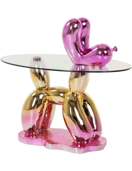 Table d’appoint chien ballon rose en résine et verre 80x49x60 cm Usha