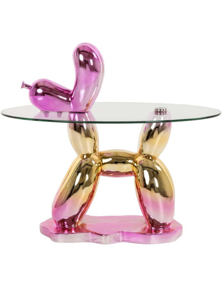Table d’appoint chien ballon rose en résine et verre 80x49x60 cm Usha