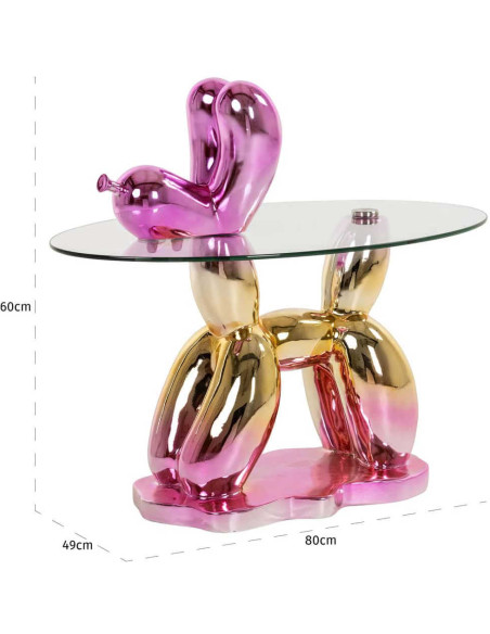 Table d’appoint chien ballon rose en résine et verre 80x49x60 cm Usha