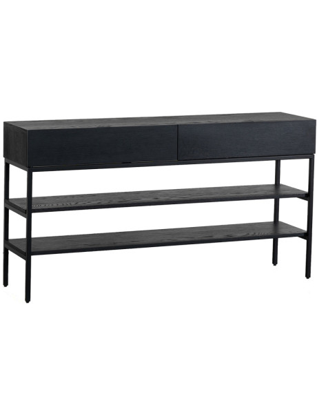 Console noire 2 tiroirs métal et placage chêne 145x35x78...
