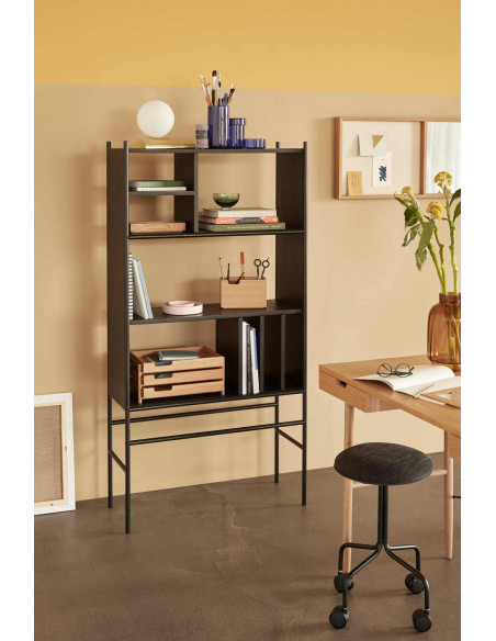 Bibliothèque étagère noire bois métal FSC 79x32x160 cm Divide