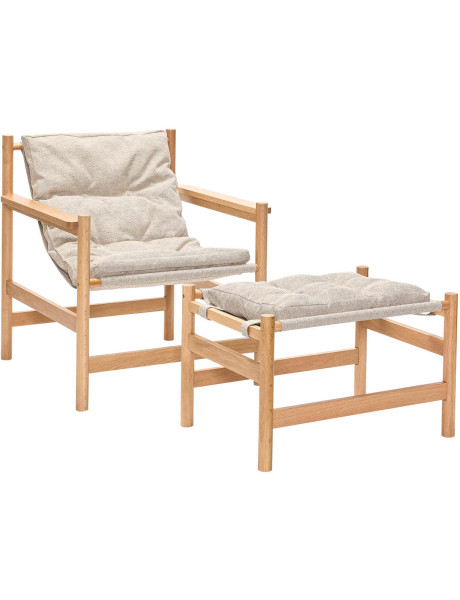 Fauteuil lounge chêne coussin beige avec repose-pied...