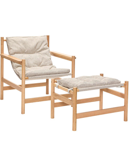 Fauteuil lounge chêne coussin beige avec repose-pied Heritage
