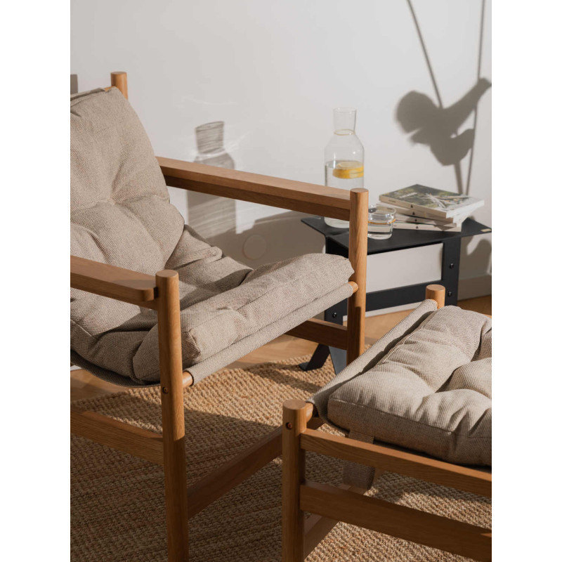 Fauteuil lounge chêne coussin beige...