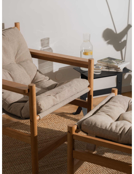 Fauteuil lounge chêne coussin beige avec repose-pied Heritage