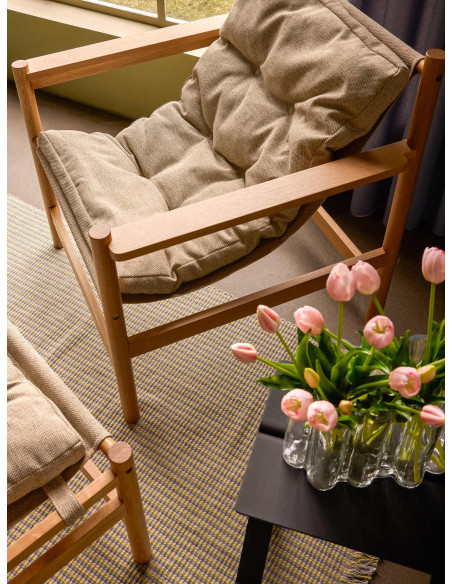 Fauteuil lounge chêne coussin beige avec repose-pied Heritage