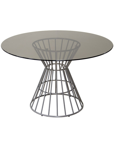 Table à manger ronde verre fumé métal argenté 120 cm Veyora