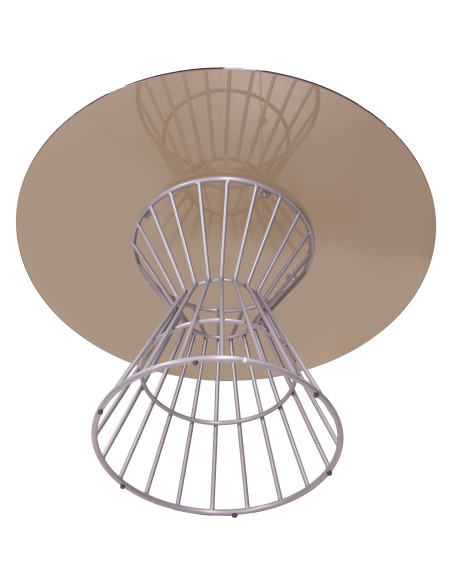 Table à manger ronde verre fumé métal argenté 120 cm Veyora