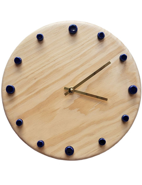 Horloge murale bois silencieuse aiguilles dorées bleu...