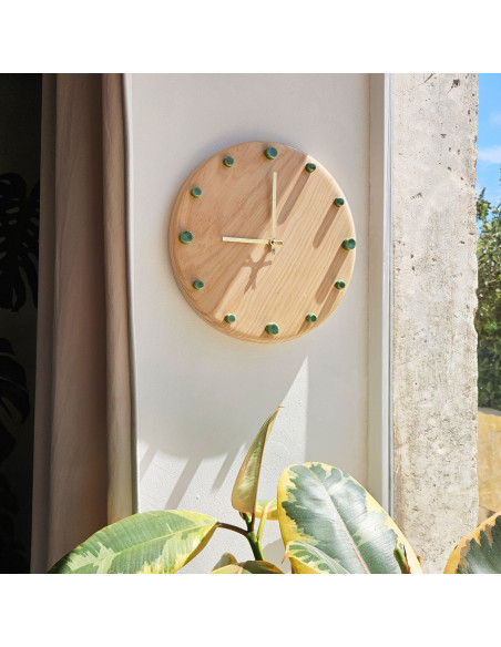 Horloge murale bois silencieuse aiguilles dorées repères verts 29 cm Aalborg