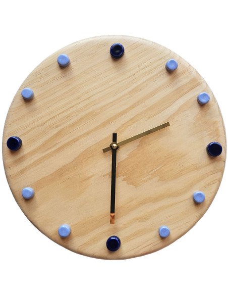 Horloge murale bois silencieuse repères bleus aiguilles dorées 29 cm Aalborg