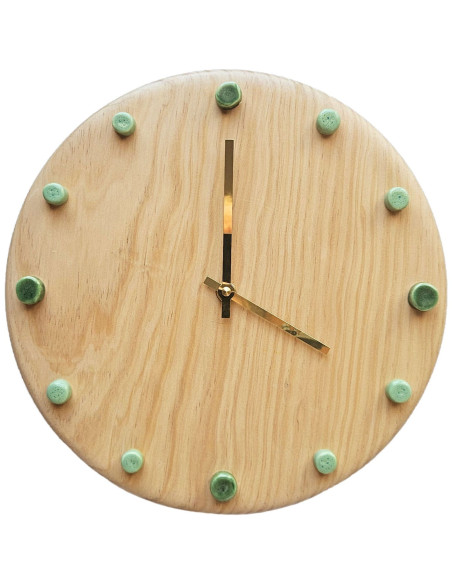 Horloge murale bois silencieuse repères verts aiguilles dorées 29 cm Aalborg