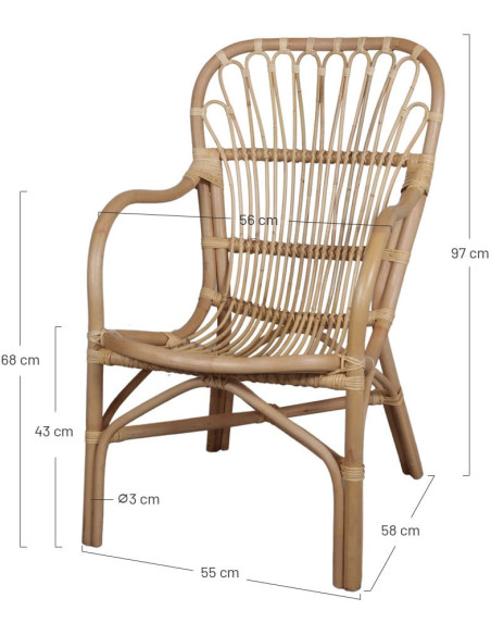 Fauteuil rotin naturel dossier haut 56x72x97 cm Cadaqués