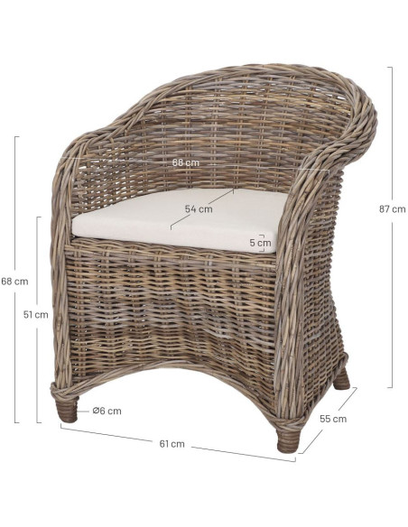 Fauteuil rotin naturel avec coussin écru 68x70x87 cm Sorrente